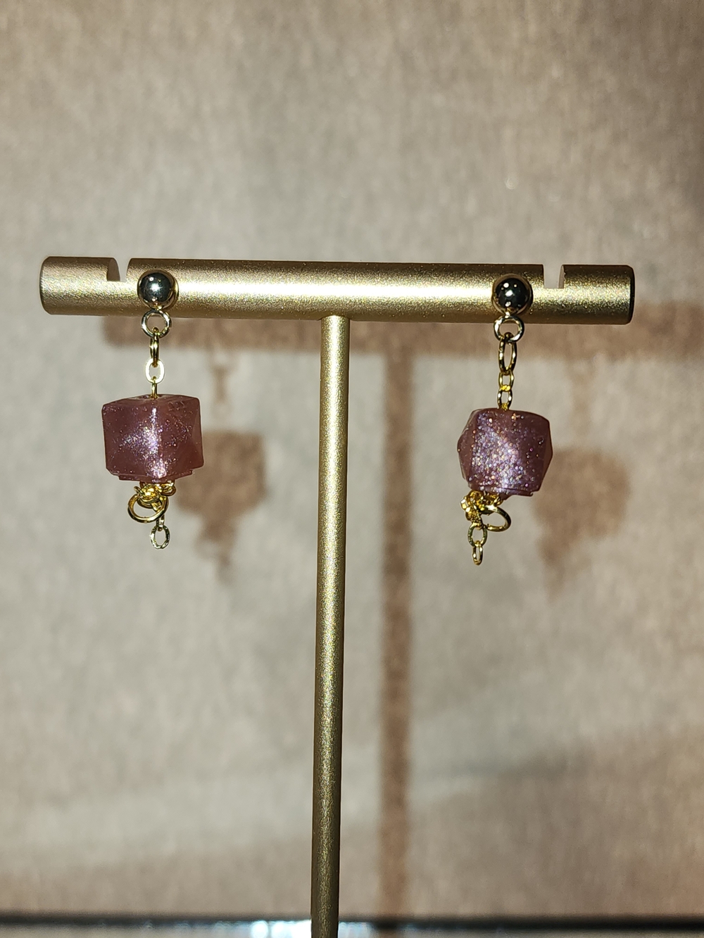 24k Gold-Plated Drop Earrings with Shimmery Cubes - Handmade Hypoallergenic